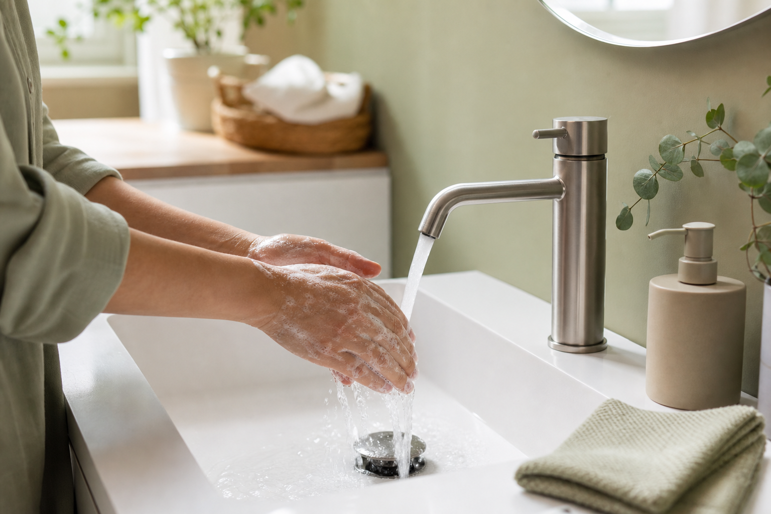 Handen worden met zeep gewassen onder stromend water in een badkamer